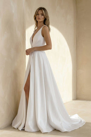 V - Neck Satin Sleeveless Wedding Dress in Ivory - SHE IS ME Wedding Dresses
