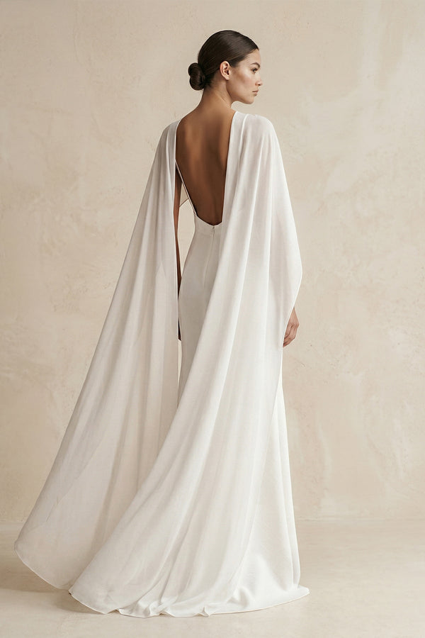V - neck Sheath Satin Detachable Cape Wedding Dress in White - SHE IS ME Wedding Dresses