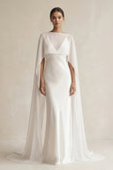 V - neck Sheath Satin Detachable Cape Wedding Dress in White - SHE IS ME Wedding Dresses
