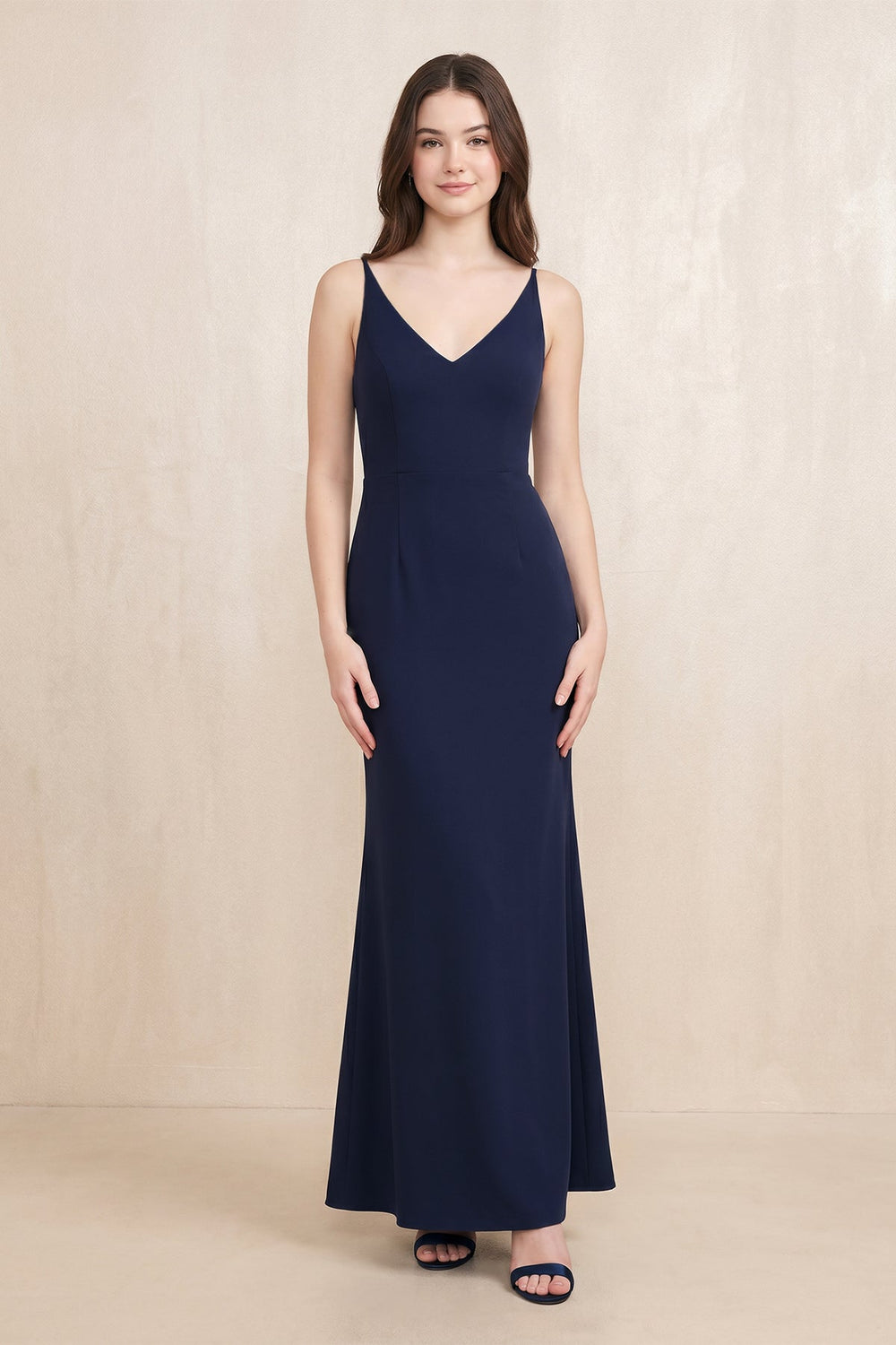V - Neck Sheath Stretch Satin Maxi Dress in Navy - SHE IS ME Dresses