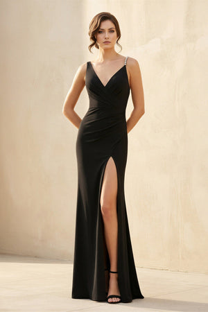 V Neck Slit Maxi Dress With Pearl in Black - SHE IS ME