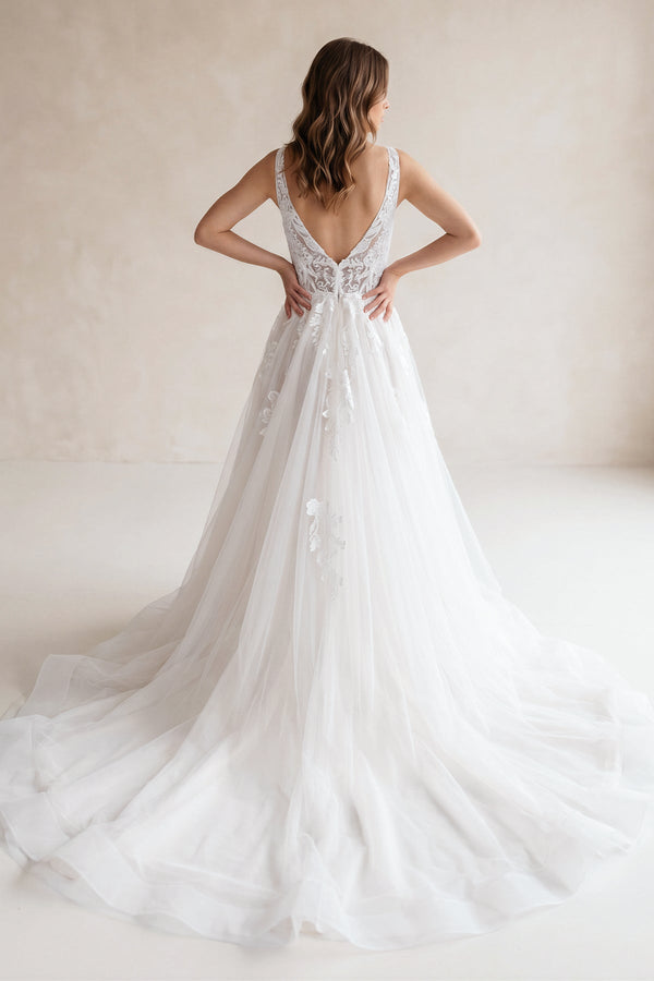 V Neck Tulle A - Line Appliqued Wedding Dress in White - SHE IS ME Wedding Dresses