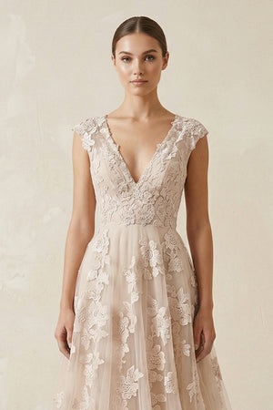 V Neck Tulle A - Line Wedding Dress With Appliques in Champagne - SHE IS ME Wedding Dresses