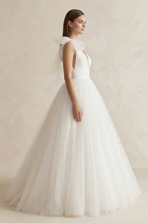 V - Neck Tulle Ball Gown Wedding Dress With Bow in White - SHE IS ME Wedding Dresses