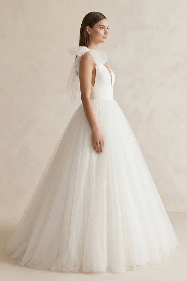 V - Neck Tulle Ball Gown Wedding Dress With Bow in White - SHE IS ME Wedding Dresses