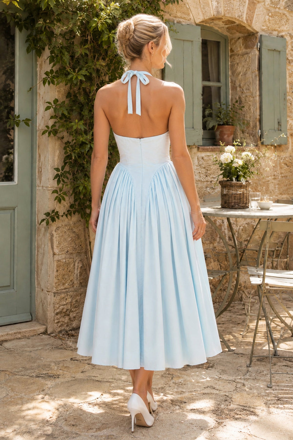 Vintage Halter Cotton Midi Dress in Blue - SHE IS ME Dresses