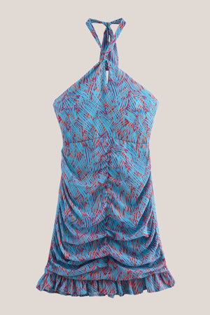 Vintage Halter Sheath Printed Cotton Mini Dress in Blue - SHE IS ME Dresses