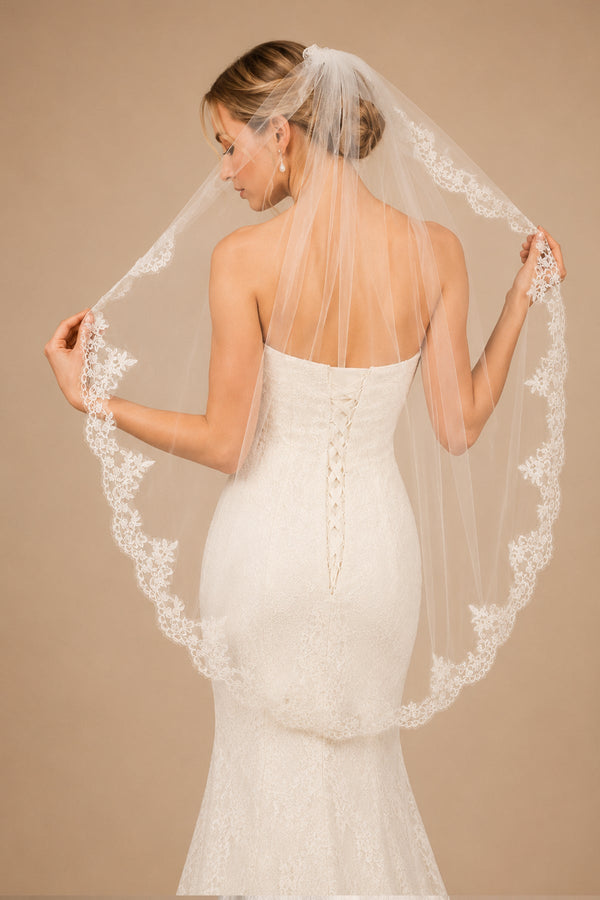 Vintage - Inspired Lace One Tier Wedding Veil Mantilla Veils in Ivory - SHE IS ME Wedding Veils