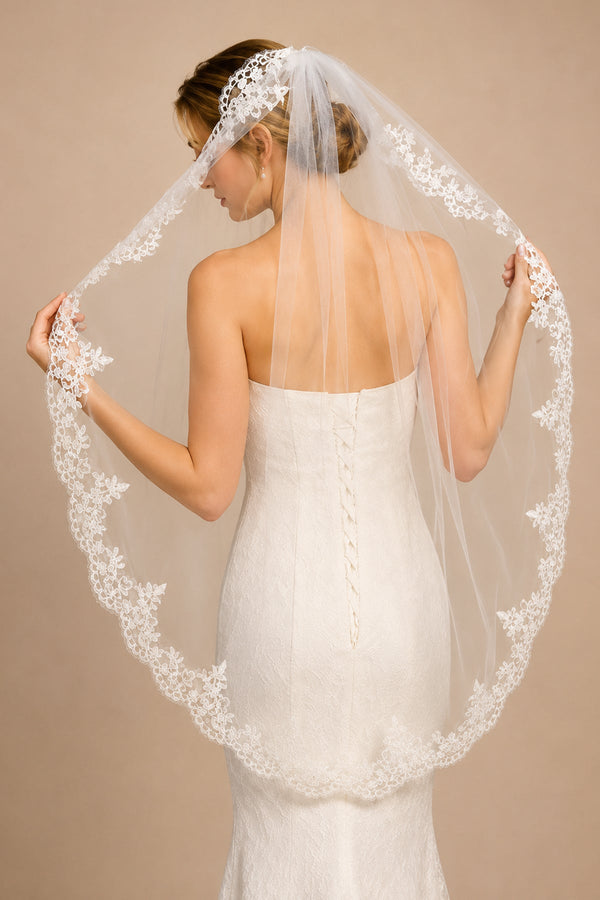 Vintage - Inspired Lace One Tier Wedding Veil Mantilla Veils in White - SHE IS ME Wedding Veils