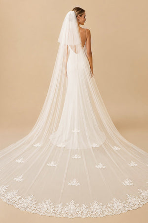 Vintage Lace Cute Appliques Long Chapel Veils Wedding Veil in Ivory - SHE IS ME Wedding Veils