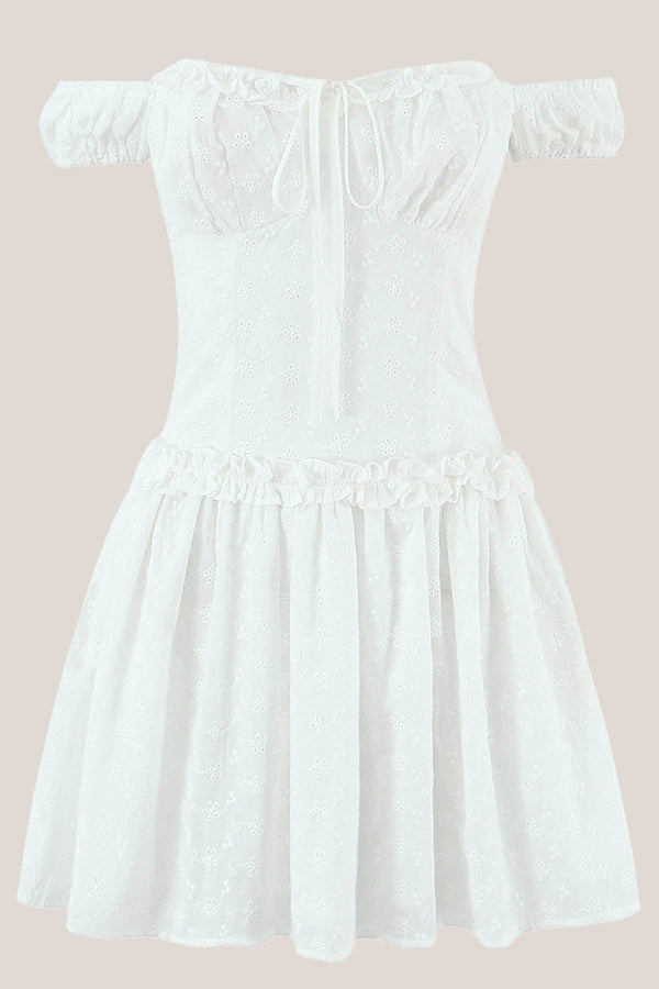 Vintage Off - the - shoulder A - Line Cotton Mini Dress in White - SHE IS ME Dresses