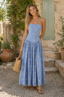 Vintage Rose Printed A - Line Cotton Midi Dress in Blue - SHE IS ME Dresses