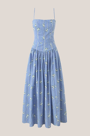 Vintage Rose Printed A - Line Cotton Midi Dress in Blue - SHE IS ME Dresses