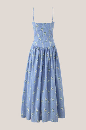 Vintage Rose Printed A - Line Cotton Midi Dress in Blue - SHE IS ME Dresses