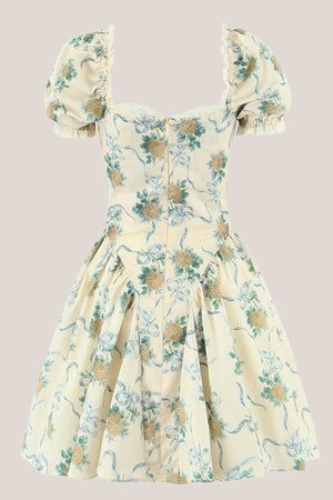 Vintage Rose Printed Cotton Mini Dress With Sleeves in Yellow - SHE IS ME Dresses