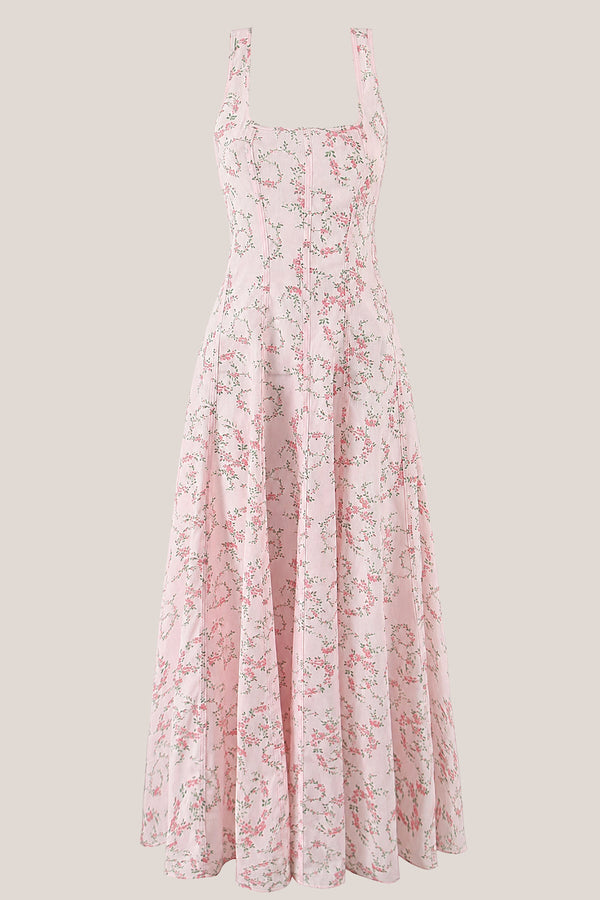 Vintage Rose Printed Square Neck A - Line Cotton Midi Dress in Pink - SHE IS ME Dresses