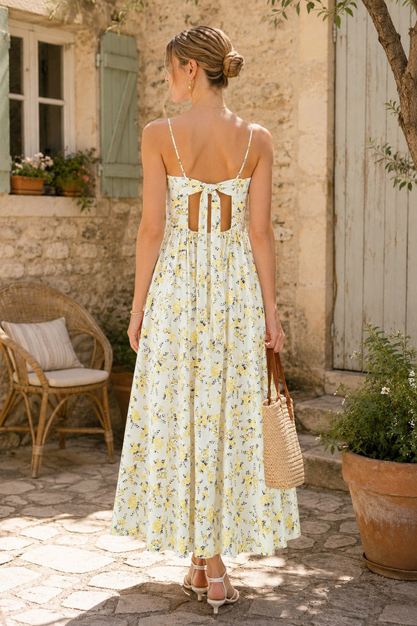 Vintage Rose Printed Sweetheart A - Line Cotton Midi Dress in Yellow - SHE IS ME Dresses