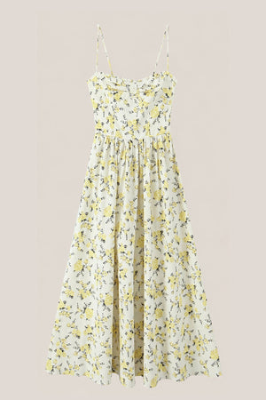 Vintage Rose Printed Sweetheart A - Line Cotton Midi Dress in Yellow - SHE IS ME Dresses