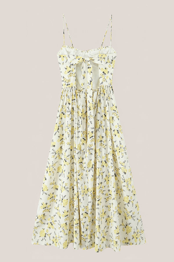 Vintage Rose Printed Sweetheart A - Line Cotton Midi Dress in Yellow - SHE IS ME Dresses