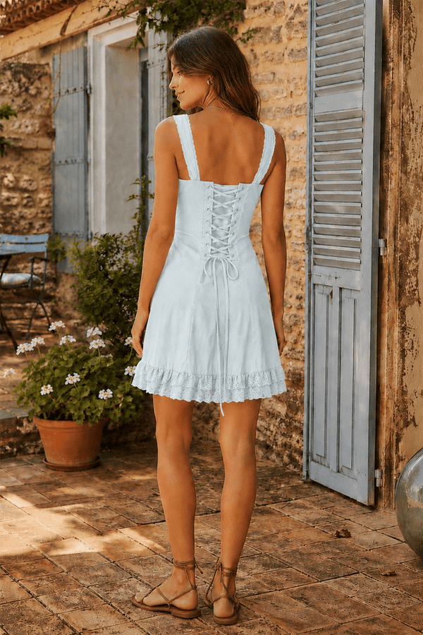 Vintage Sheath Spaghetti Strap Lace Cotton Mini Dress in Blue - SHE IS ME Dresses