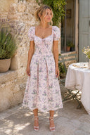 Vintage Square Neck A - Line Rose Printed Cotton Midi Dress in Pink - SHE IS ME Dresses