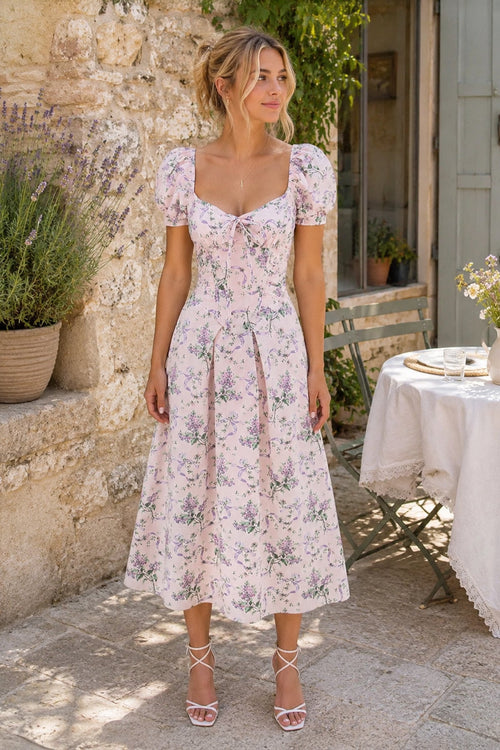 Vintage Square Neck A - Line Rose Printed Cotton Midi Dress in Pink - SHE IS ME Dresses