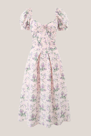 Vintage Square Neck A - Line Rose Printed Cotton Midi Dress in Pink - SHE IS ME Dresses
