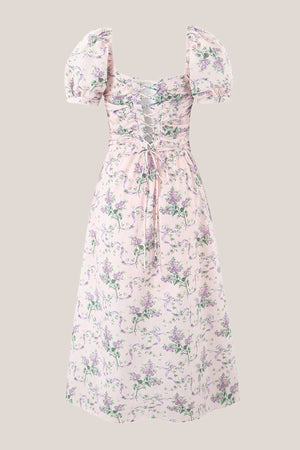 Vintage Square Neck A - Line Rose Printed Cotton Midi Dress in Pink - SHE IS ME Dresses