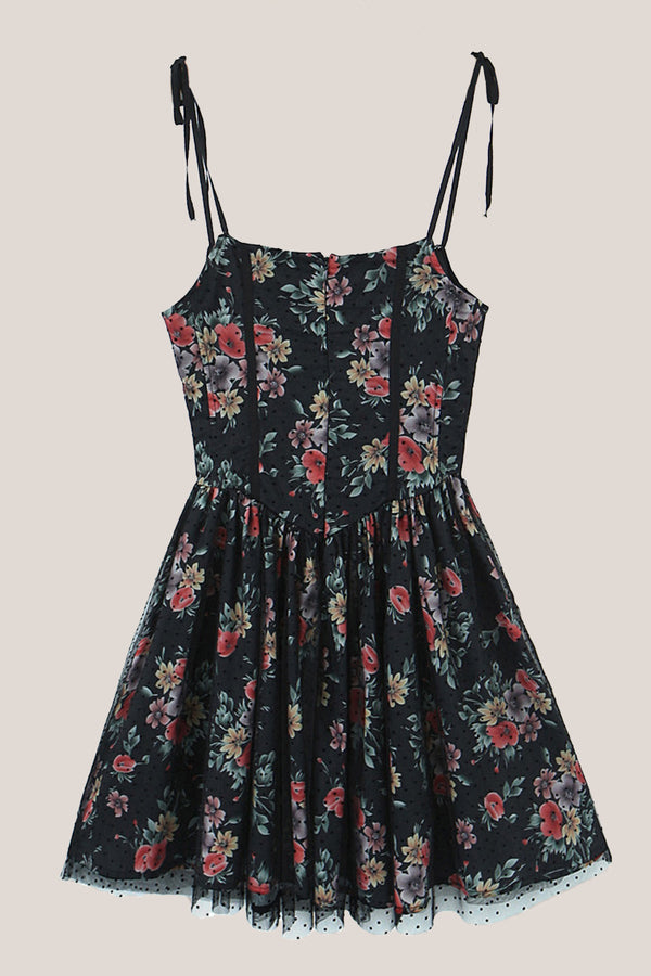 Vintage Square Neck Rose Printed Cotton Mini Dress in Black - SHE IS ME Dresses