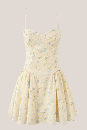Vintage Sweetheart A - Line Rose Printed Cotton Mini Dress in Yellow - SHE IS ME Dresses