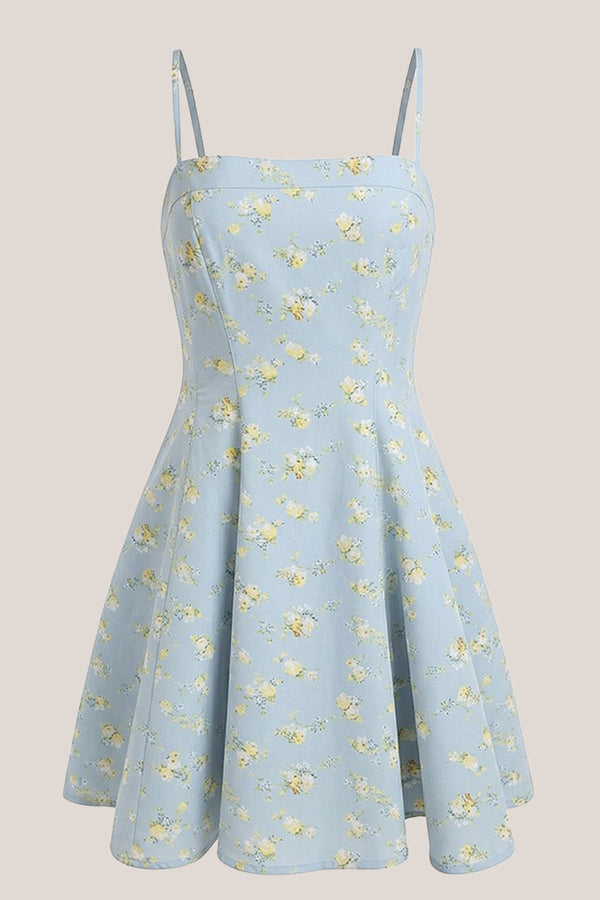 Warm A - Line Rose Printed Cotton Mini Dress in Blue - SHE IS ME Dresses