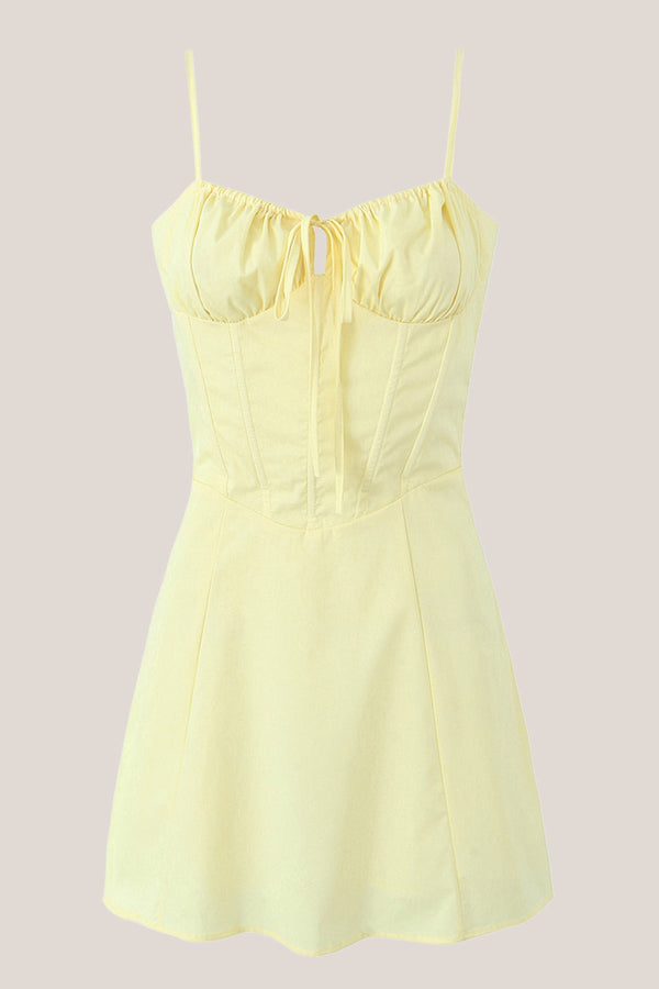 Warm A - Line Square Neck Cotton Mini Dress in Yellow - SHE IS ME Dresses