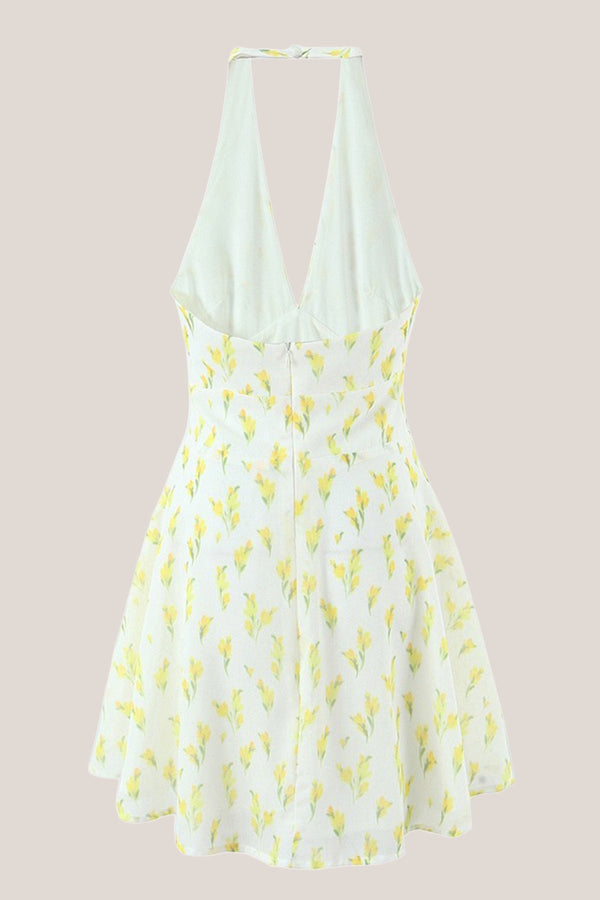 Warm Halter Rose Printed Cotton Mini Dress in Yellow - SHE IS ME Dresses