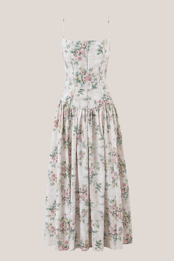 Warm Rose Printed Square Neck A - Line Cotton Midi Dress in Green - SHE IS ME Dresses