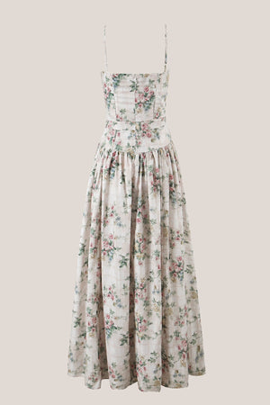 Warm Rose Printed Square Neck A - Line Cotton Midi Dress in Green - SHE IS ME Dresses