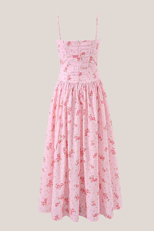Warm Rose Printed Square Neck A - Line Cotton Midi Dress in Pink - SHE IS ME Dresses
