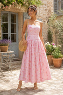 Warm Rose Printed Square Neck A - Line Cotton Midi Dress in Pink - SHE IS ME Dresses
