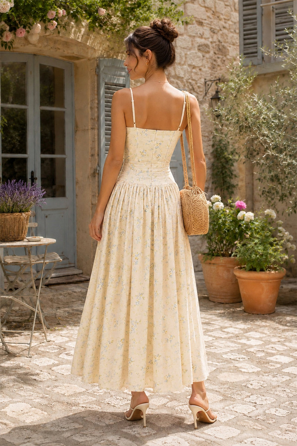 Warm Rose Printed Square Neck A - Line Cotton Midi Dress in Yellow - SHE IS ME Dresses