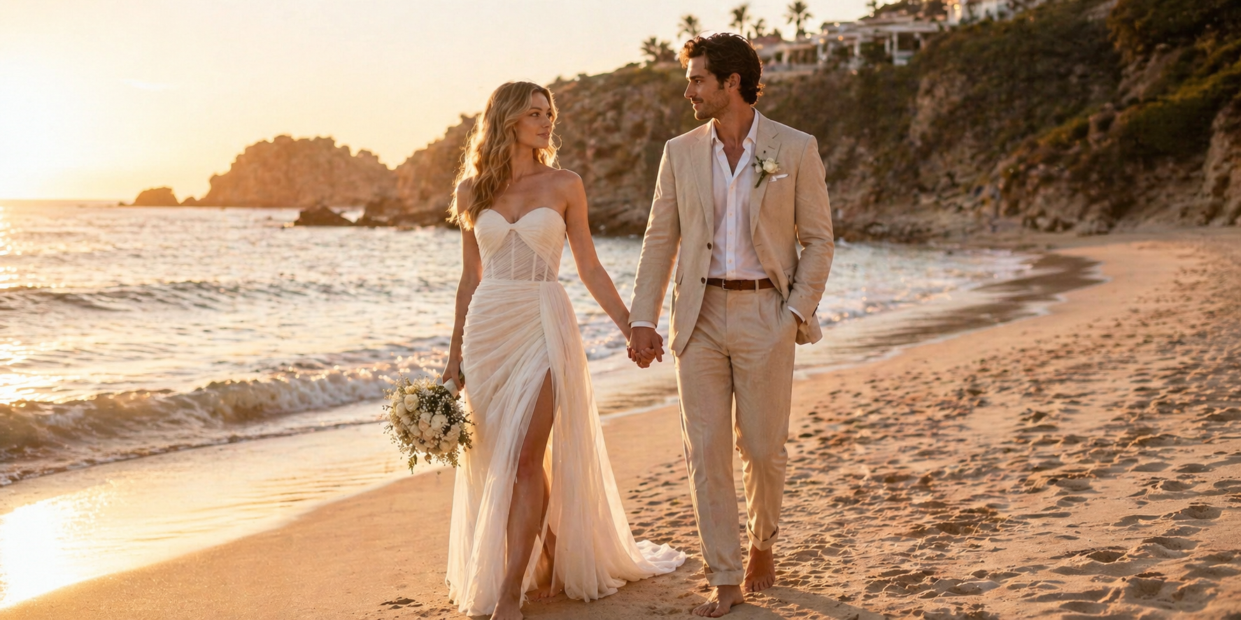 Couple holding hands on a beach at sunset