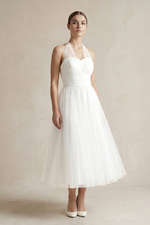 White Halter Tulle A - Line Midi Wedding Dress - SHE IS ME Wedding Dresses