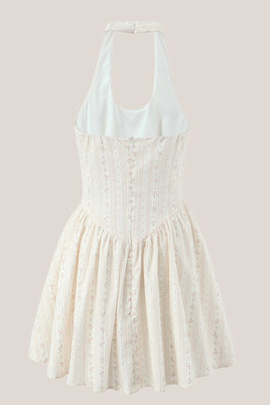 White Halter Vintage Rose Printed A - Line Mini Dress - SHE IS ME Dresses