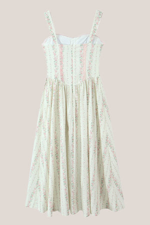 White Vintage Rose Printed A - Line Cotton Midi Dress - SHE IS ME Dresses
