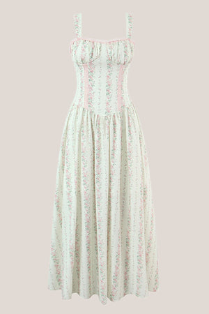 White Vintage Rose Printed A - Line Cotton Midi Dress - SHE IS ME Dresses