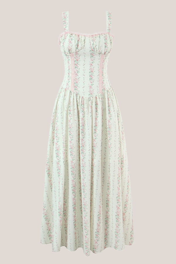 White Vintage Rose Printed A - Line Cotton Midi Dress - SHE IS ME Dresses