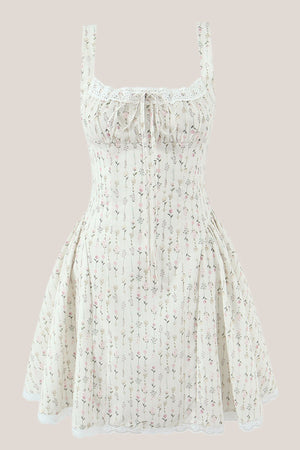 White Vintage Rose Printed Lace Cotton Mini Dress - SHE IS ME Dresses