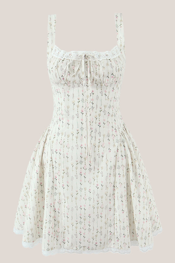 White Vintage Rose Printed Lace Cotton Mini Dress - SHE IS ME Dresses