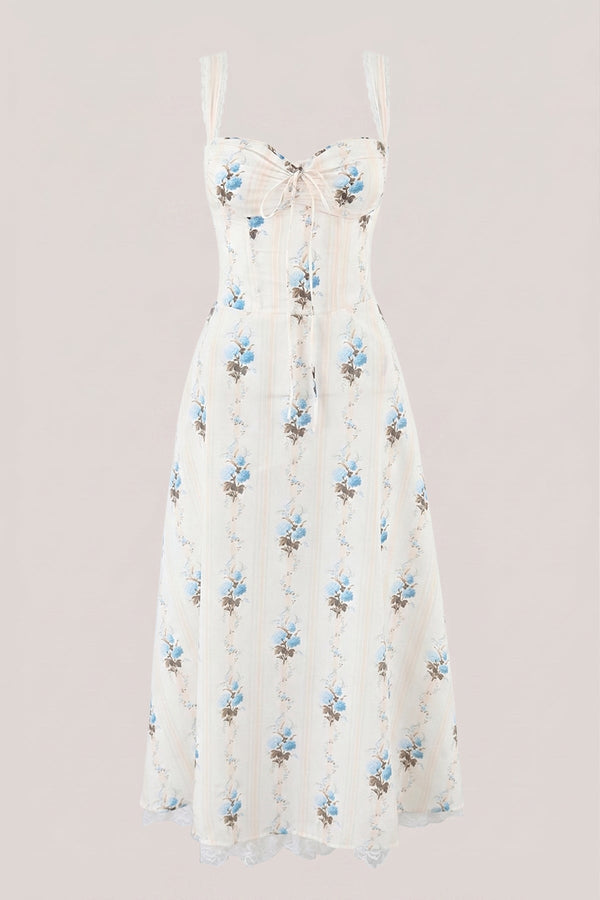 White Warm Rose Print Cotton Ruffled Midi Dress - SHE IS ME Dresses