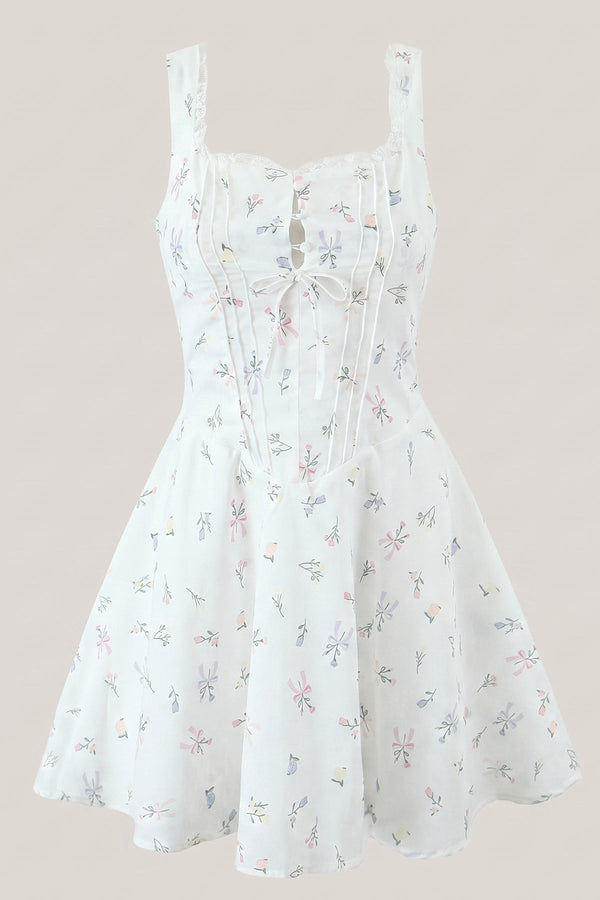 White Warm Rose Print Cotton Ruffled Mini Dress - SHE IS ME Dresses