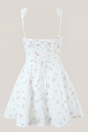 White Warm Rose Print Cotton Ruffled Mini Dress - SHE IS ME Dresses